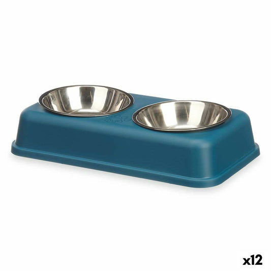 Futternapf für Katzen Double Blau Metall 35 x 7,5 x 19 cm (12 Stück)